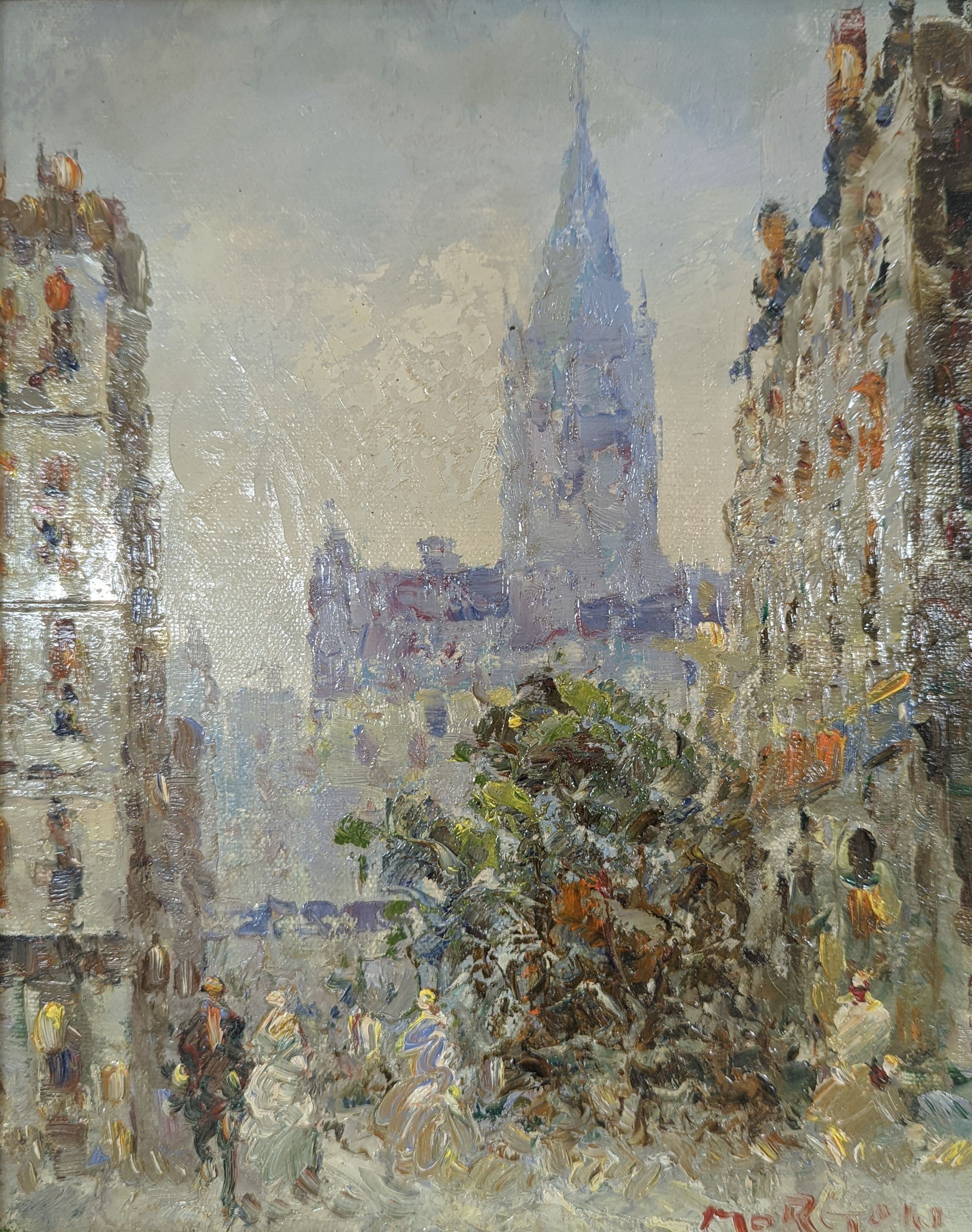 A modern oil on canvas, Flemish street scene, signed Morgan, 24 x 19cm